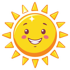 Fototapeta premium Bright yellow cheerful cartoon sun character with a big smile and happy face design