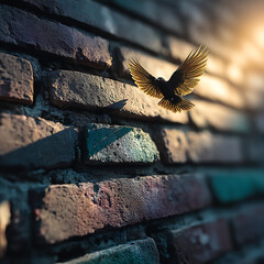 A Small Dark Bird with Golden Wings in Mid-Flight Against a Textured Brick Wall with Sunlight Illuminating its Feathers and Casting Shadows on the Rough Surface