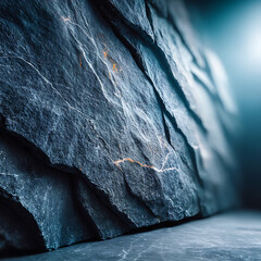 Close-up View of a Dark Textured Stone Surface with Jagged Edges and Streaks of Orange and White Veins Illuminated by a Soft Blue Light Creating a Dramatic and Abstract Background