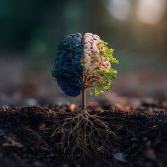 A surreal brain-shaped tree with one hemisphere covered in dark foliage and the other in vibrant green leaves, rooted in dark soil with intricate root systems visible