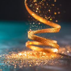 Sparkling golden ribbon twirling and scattering glitter particles against a dark, textured background with soft bokeh lights creating a festive and magical atmosphere