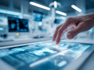 Human hand interacting with futuristic medical touchscreen displaying brain scans in a high-tech hospital environment with advanced digital diagnostics