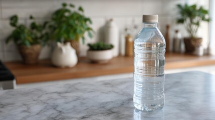 Bottle of water on a kitchen countertop. the bottle is made of clear plastic and has a white cap.