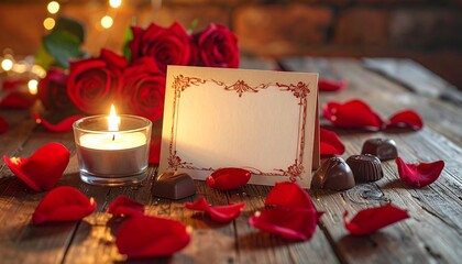 Romantic setup with roses, candle, chocolates, and card on rustic wood with string lights in the background