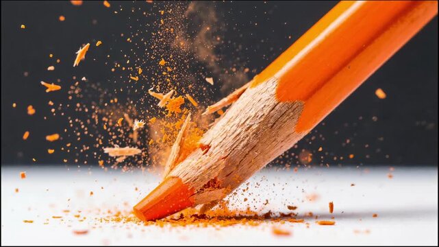 Extreme macro footage of orange pencil tip snapping under pressure with flying wood splinters and graphite dust, concept video for stress, frustration and breaking point.