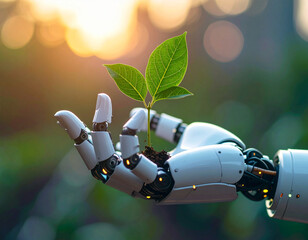 Robotic hand holding green leaf symbolizing technology and ecology