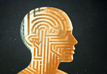 Brain silhouette with labyrinth pathways representing thinking process