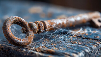 Old rusty antique key covered with delicate spider webs resting on a weathered wooden surface conveying vintage mystery and forgotten stories