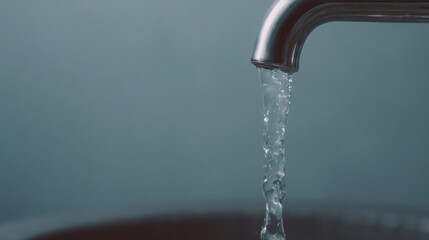 Close-up of a faucet with water flowing from it. the water is clear and flowing from the tap into a sink below. the background is a light blue color, and the focus is on the tap and the water.