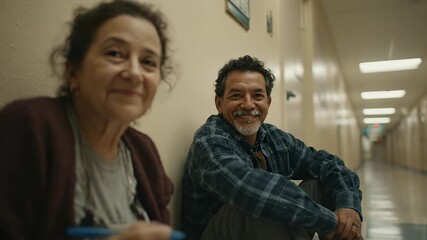 Latino senior woman writing notes in hospital corridor, worried older man sitting near her. Healthcare, aging, support, loneliness, care concept. Waiting room scene.