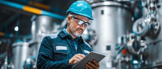 Industrial quality control officer wearing helmet and safety glasses inspecting machinery with tablet in the plant test lab