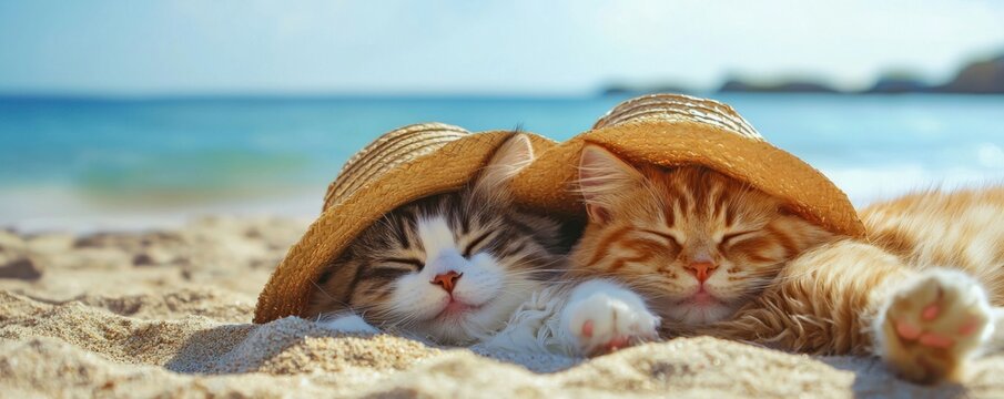 Banner with two cats relax on beach wearing straw hats under the sun near the ocean. Vacations and beach holidays.