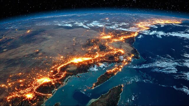 Illuminated landmass at night viewed from space, showing city lights, stars, and dark ocean
