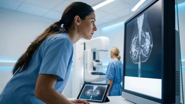 Professional female doctor reviewing mammogram results on a digital screen in a high-tech clinic, cinematic slow motion footage of breast cancer screening and medical diagnosis.