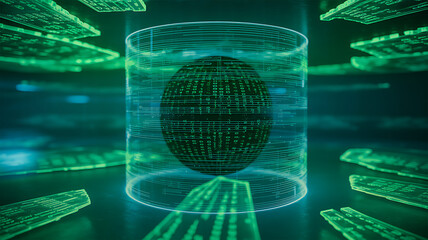 Abstract digital data sphere encased in a translucent cylinder with glowing blue-green circuitry lines and surrounding floating circuit boards, symbolizing secure data storage