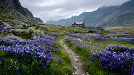 4K Remote mountain hut nestled in a valley surrounded by purple wildflowers and a winding dirt path under a cloudy sky image