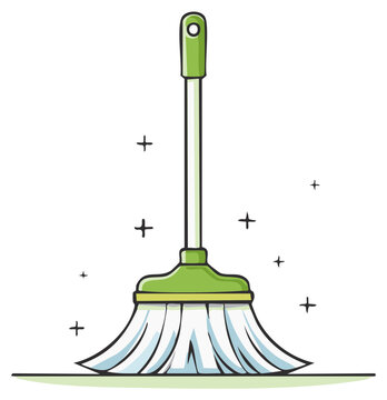 Cartoon illustration of a green sparkling clean floor mop for household chores and cleaning services