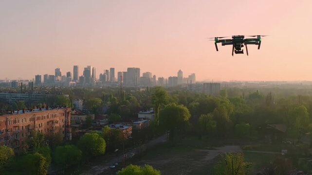 Medium shot of advanced antidrone system scanning a city skyline detecting and intercepting unmanned aerial threats in an urban environment.