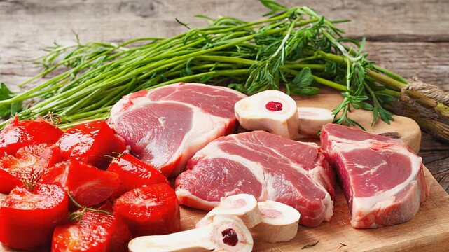 Fresh Beef Cuts with Bone Marrow and Tomatoes on Wooden Cutting Board, Ready for Gourmet Cooking