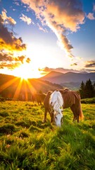 Horse grazes peacefully in a lush meadow at sunset, with a dramatic sky and distant mountains backdrop