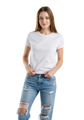 Obraz premium Young caucasian woman in white t-shirt and ripped jeans, pulling shirt up slightly, standing against a transparent studio background with copy space. Concept for casual apparel mockup