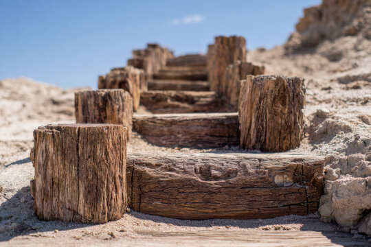 Weathered wooden steps ascending a sandy outdoor path under a clear blue sky, showcasing natural textures and rustic charm in a desert setting