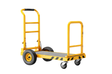 Yellow hand truck dolly cart for warehouse use, sturdy metal frame with curved handles and small wheels, flat toe plate and industrial paint finish, isolated on transparent background.
