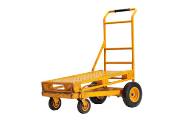 Yellow hand truck dolly cart for warehouse use, sturdy metal frame with curved handles and small wheels, flat toe plate and industrial paint finish, isolated on transparent background.
