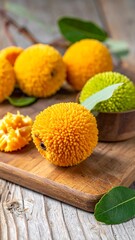 Close-up of spiky, bright orange fruits & leaves on a wooden surface, capturing texture and vibrant colors
