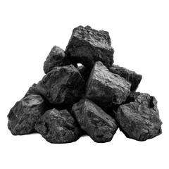 Fototapeta premium Pile of black coal rocks with gritty rough texture, irregular jagged chunks and dusty matte surfaces with natural mineral variation, isolated on transparent background. 