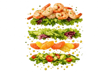 Deconstructed shrimp salad with a transparent background art style.