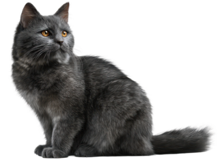 Gray cat sitting with realistic fur texture and clear reflective eyes, detailed whiskers and soft coat shading with a calm domestic pose, isolated on transparent background.
