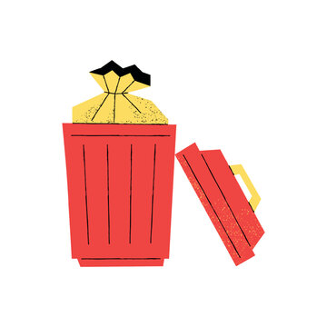 Red trash can with overflowing yellow garbage bag and lid ajar