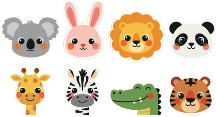Obraz premium Cute cartoon animal faces collection with lion panda koala rabbit giraffe zebra crocodile and tiger stickers for kids design