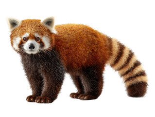 Fototapeta premium Red panda standing with fluffy fur and a ringed striped tail, alert ears and detailed facial markings with realistic coat texture, isolated on transparent background. 