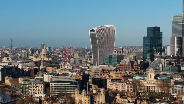 LONDON, UK - JANUARY 07, 2026 - London city skyline featuring Walkie Talkie building, Tower of London, and St Paul's Cathedral
