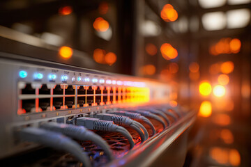 Network switch with multiple connected ethernet cables illuminated by glowing orange and blue status lights inside a data center server rack environment
