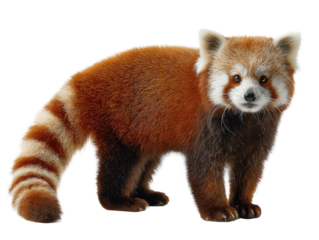 Red panda standing with fluffy fur and a ringed striped tail, alert ears and detailed facial markings with realistic coat texture, isolated on transparent background.
