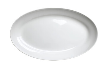 Large white oval serving platter with glossy ceramic glaze, smooth elongated rim and subtle reflective highlights on a clean minimalist surface, isolated on transparent background.
