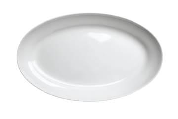 Large white oval serving platter with glossy ceramic glaze, smooth elongated rim and subtle reflective highlights on a clean minimalist surface, isolated on transparent background.
