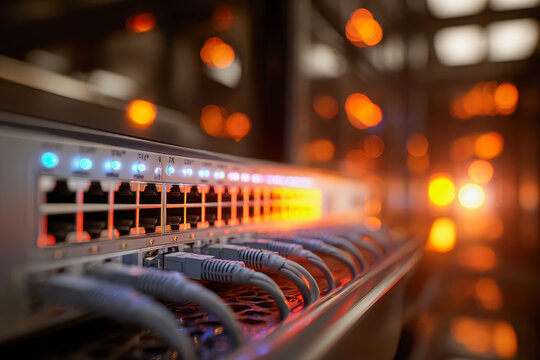 Network switch with multiple connected ethernet cables illuminated by glowing orange and blue status lights inside a data center server rack environment - Powered by Adobe