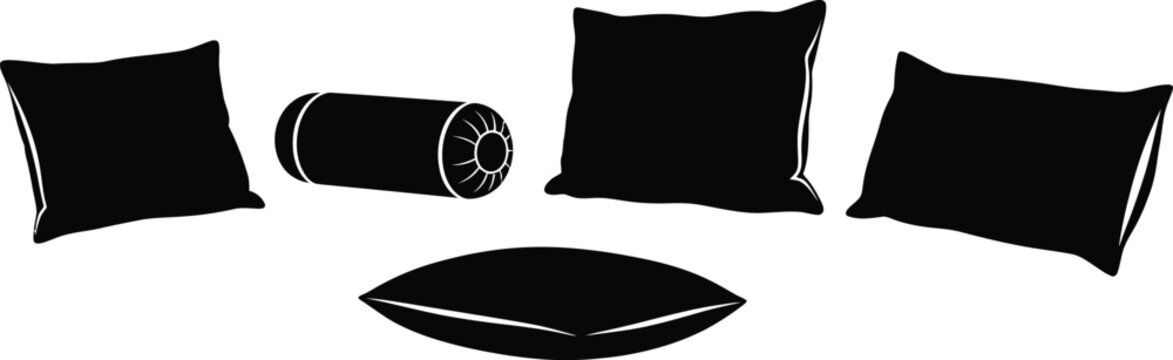 Silhouette vector set of 5 pillow types throw pillow bolster lumbar cushion floor cushion and sleeping pillow