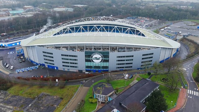 BRIGHTON, UK - JANUARY 08, 2026 - American Express Stadium for Brighton and Hove Albion FC in Falmer with surrounding landscape