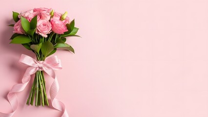 Fototapeta premium Happy mothers day bouquet of pink flowers with ribbon