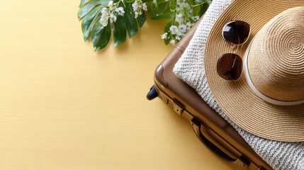 Top view of a suitcase with sunglasses and a hat on a yellow background. Ideal for travel planning or vacation ads