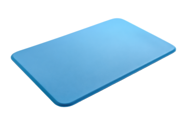 Light blue rectangular mat pad with a minimal clean surface, subtle edge thickness and smooth material texture with crisp corners, isolated on transparent background.
