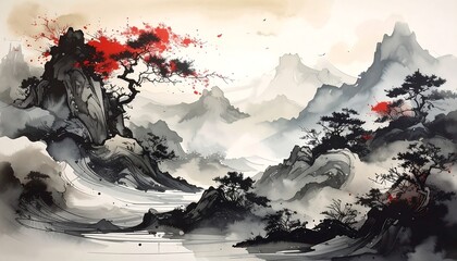 Landscape shows misty mountains, trees with red blossoms, and soft water, rendered in a watercolor style