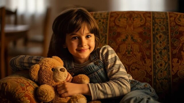 A young child snuggles with a teddy bear on a patterned couch indoors