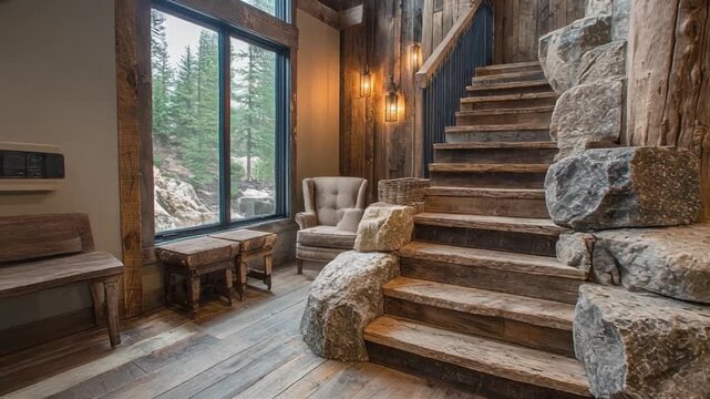 Interior room with rustic wood and stone staircase, a window view, and seating