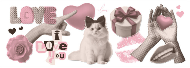 Big set of cutout halftone collage Valentine's Day paper stickers. Hands, heart, rose, fluffy cat and lettering. Love romance valentine paper cut elements set. Vector illustration